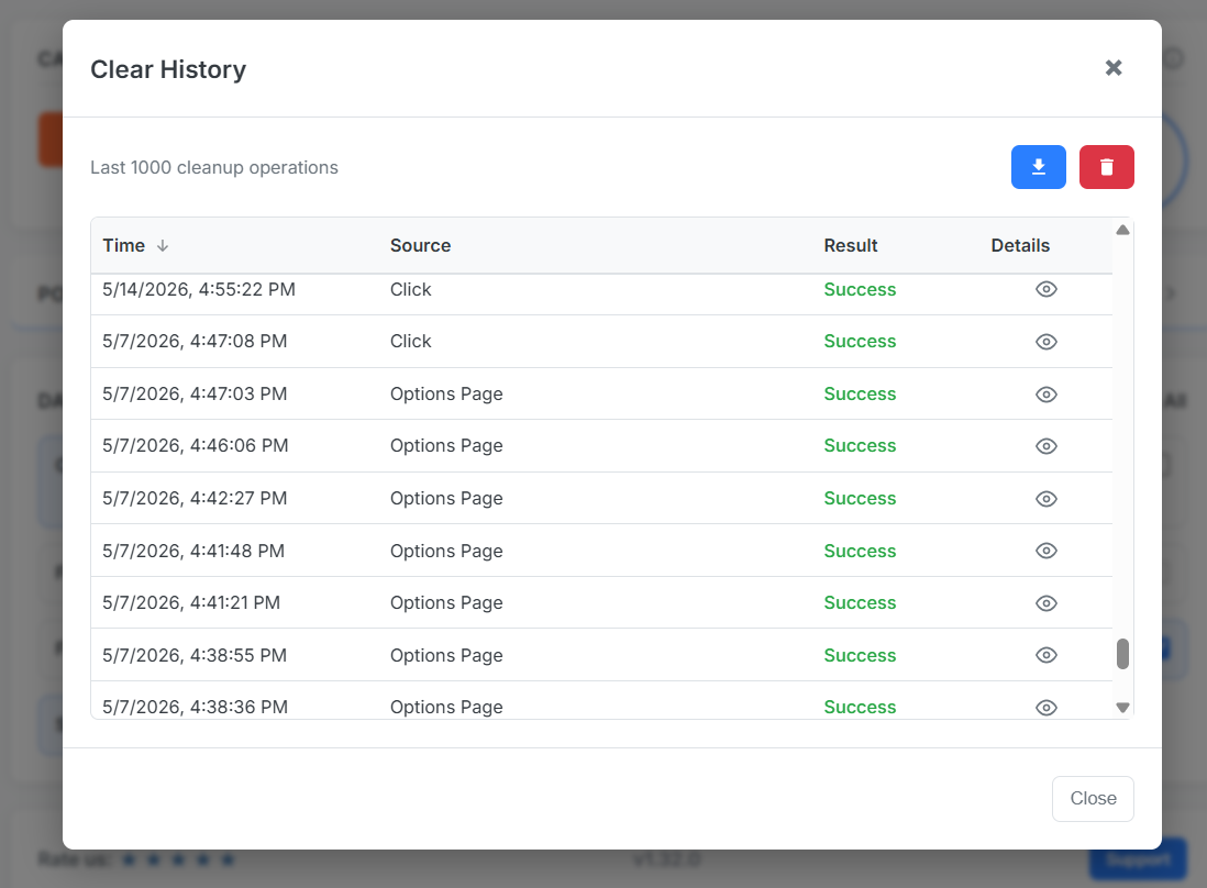 Operation logs showing surgical history cleanup for targeted domains