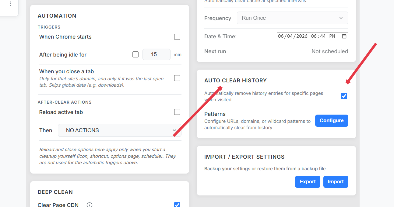 History cleanup scope UI targeting specific domains with surgical delete options highlighted