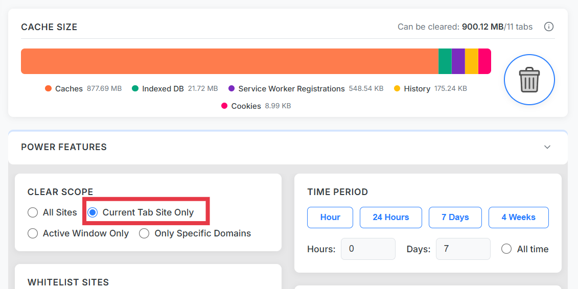 Clear Cache Chrome extension main screen on Chromebook for cache and cookie cleanup