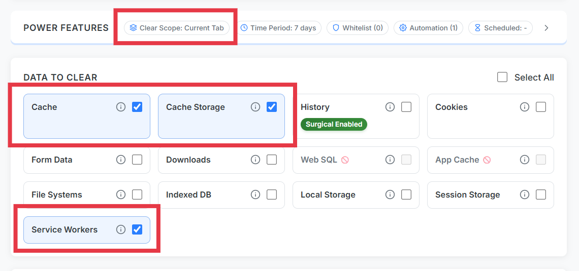 Chrome extension cleanup configuration with current site scope highlighted