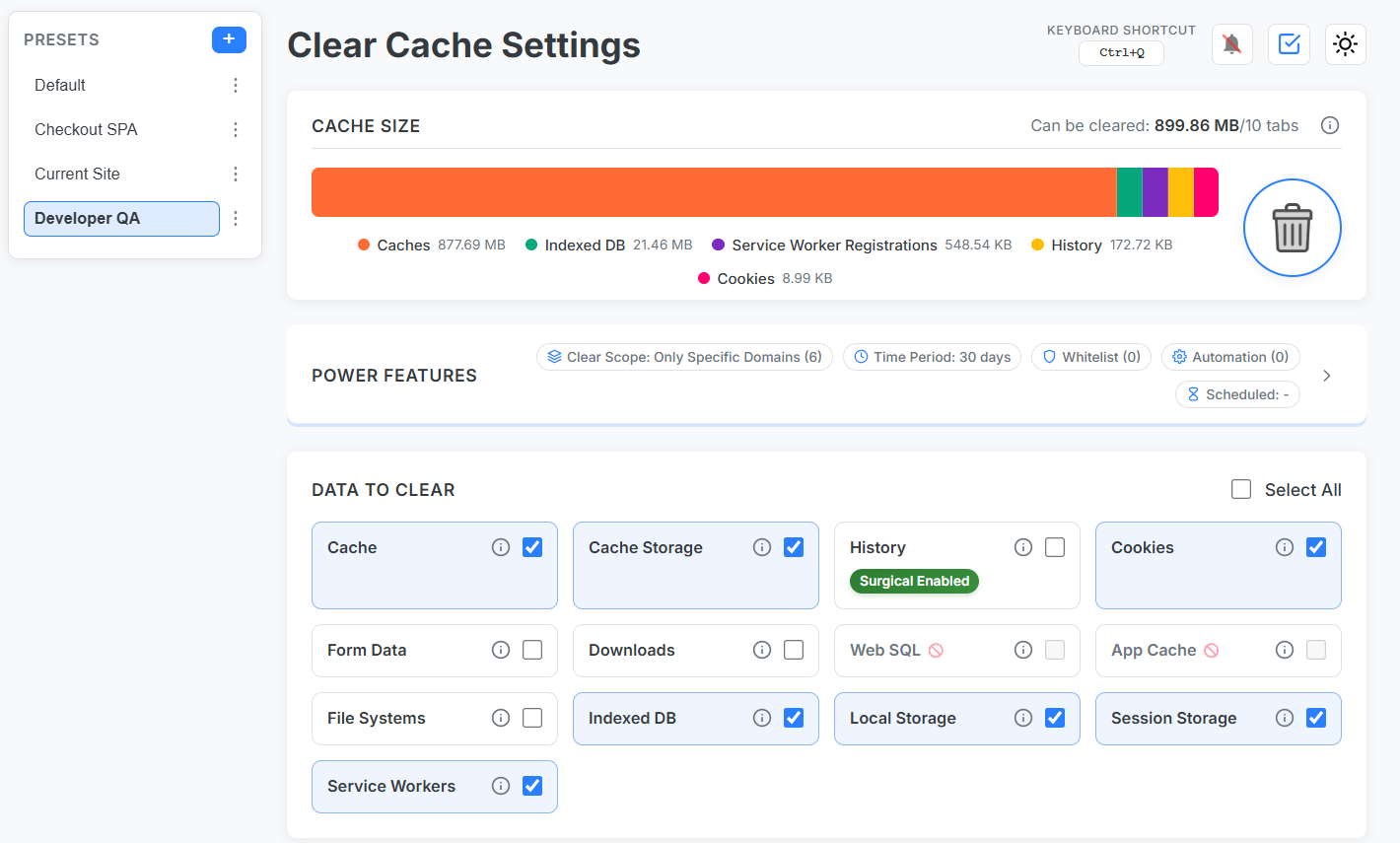Mac Chrome with extension shortcuts panel showing Cmd+Q bound to a cache-clear preset
