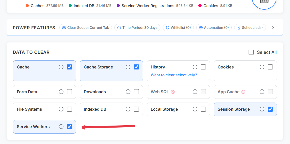 Clear Cache Chrome data type checkboxes including service workers and session storage