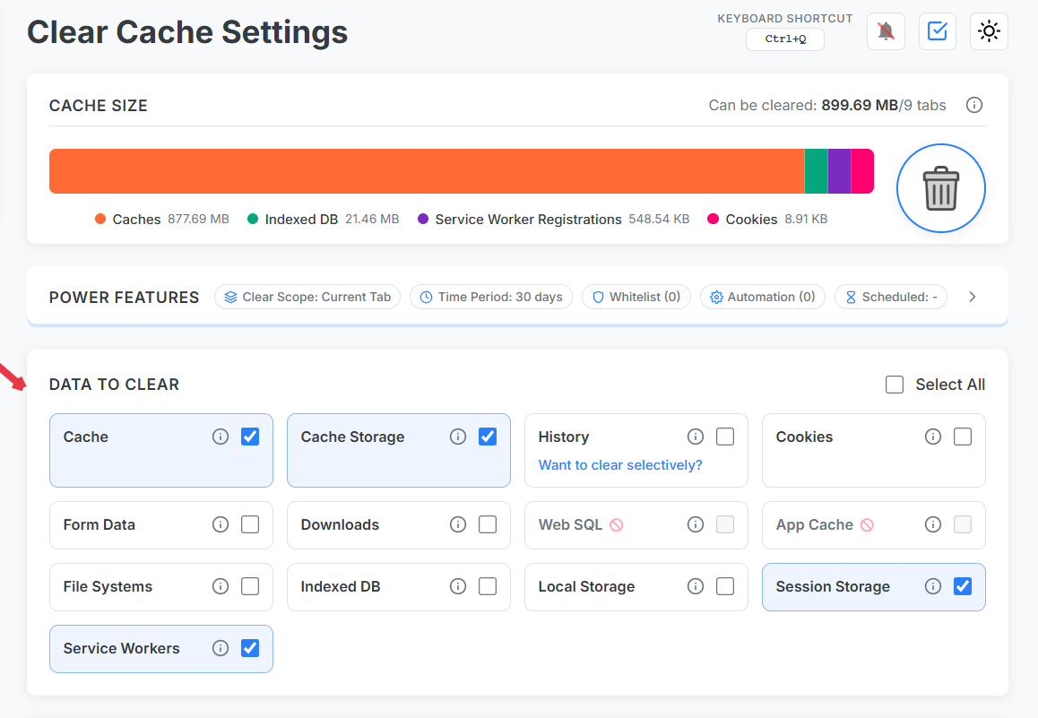 Cleanup panel with service workers, cache storage, and sessionStorage checkboxes enabled for current site