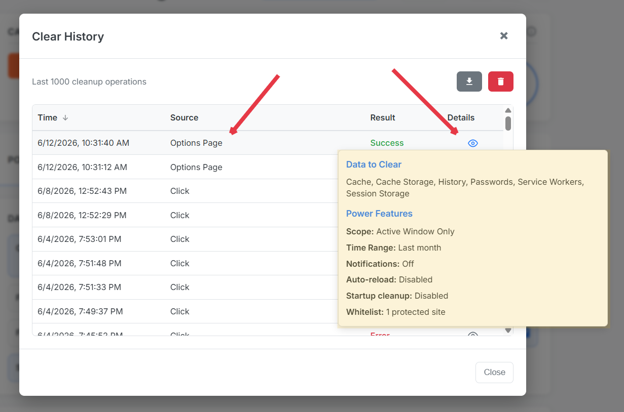 Chrome cache size analyzer chart and operation history export