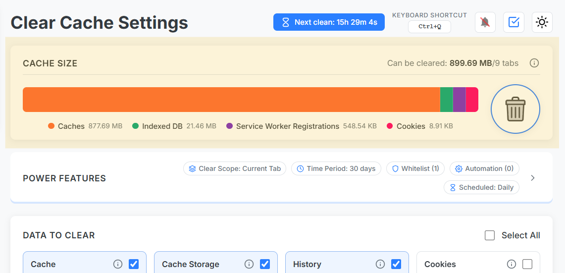 Cache size trend chart and operation log export screen showing before/after cleanup delta
