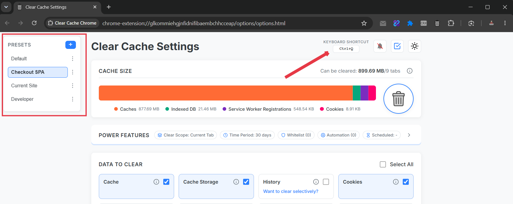 Presets and keyboard shortcut settings in Clear Cache Chrome extension