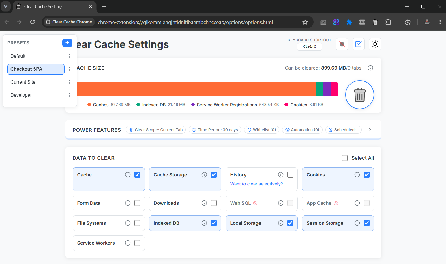 Extension options screen showing saved presets list and Ctrl+Q / Cmd+Q shortcut assignment