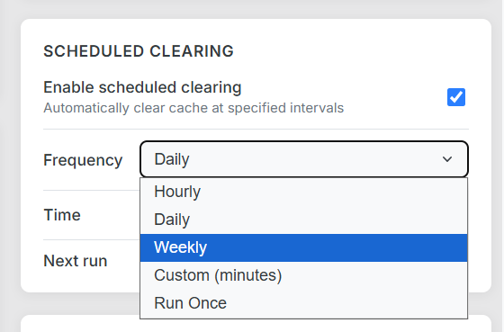 Scheduled cache clearing and startup cleanup configuration screen
