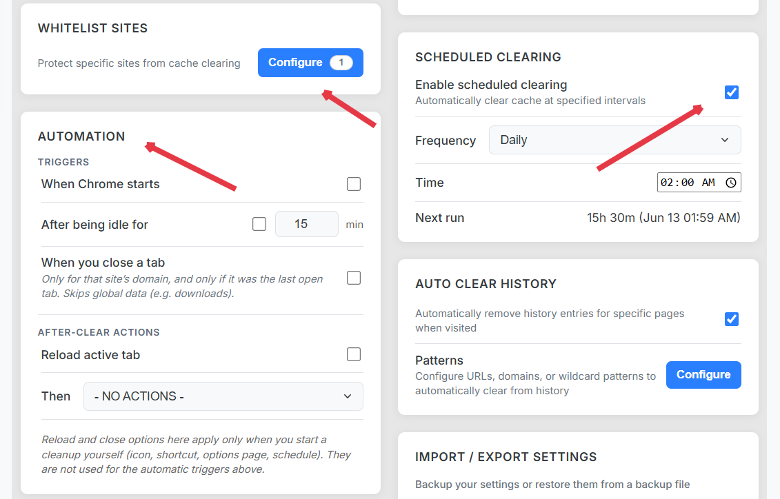 Schedule and startup cleanup configuration with daily interval and whitelist rules