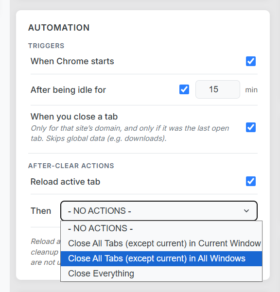 Automation engine settings for tab-closed and idle cleanup triggers