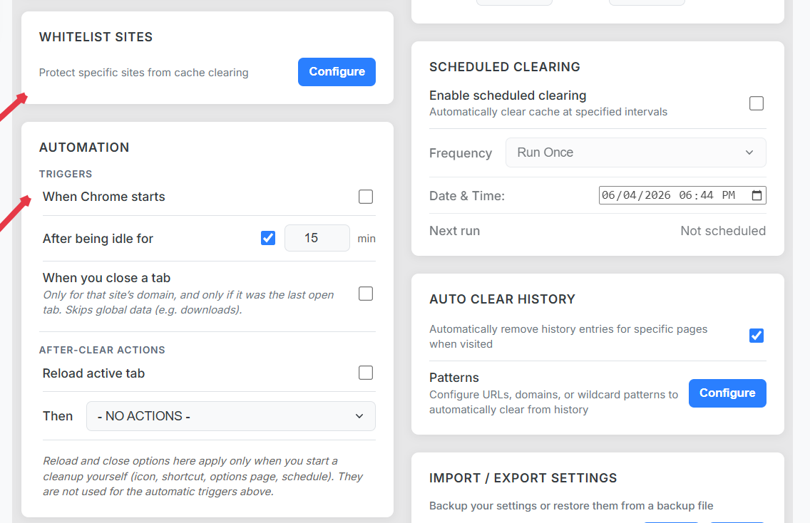 Automation settings with tab-closed and idle triggers configured plus scope guardrails