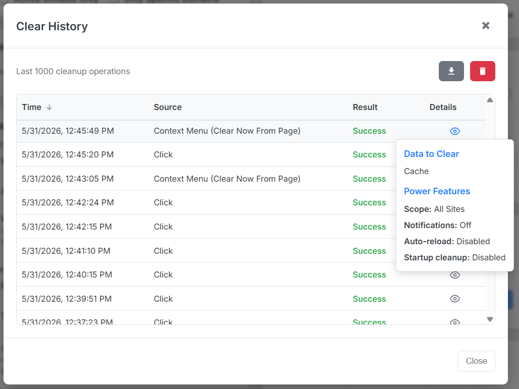 Operation history log showing cleanup scope and trigger source