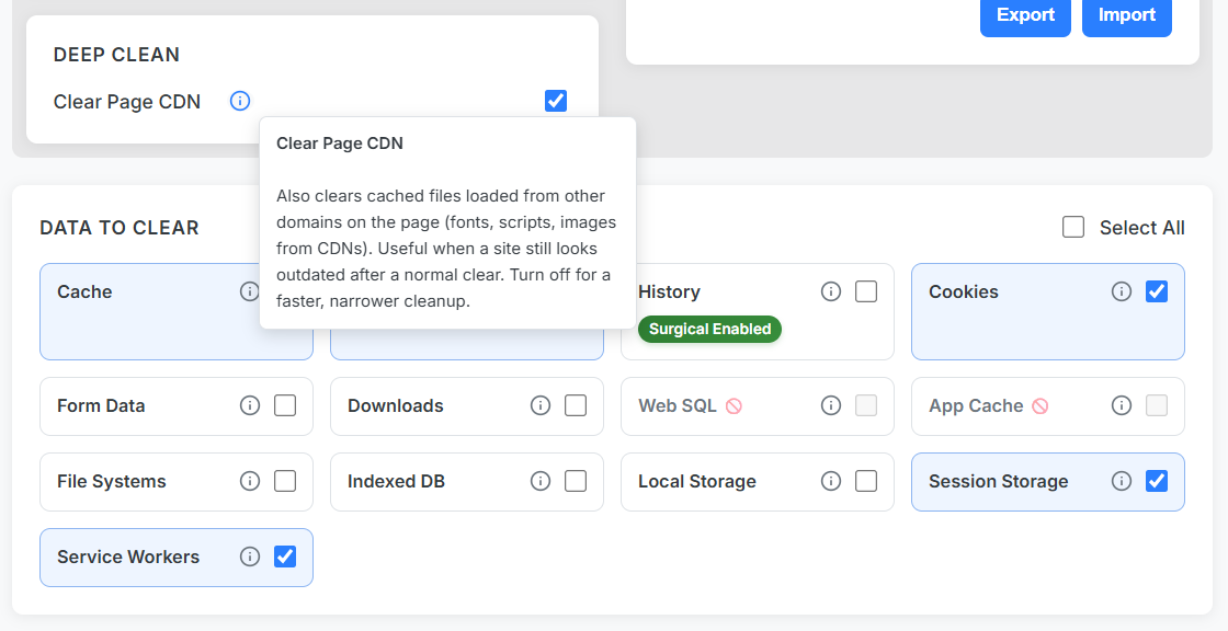 Data to clear options including service workers and session storage