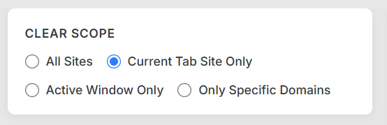 Clear Scope set to Current Tab with time period and cache options